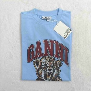 Ganni Light Blue Tee with Maroon Logo Cheetah graphic T-shirt - Have a Nice Day
